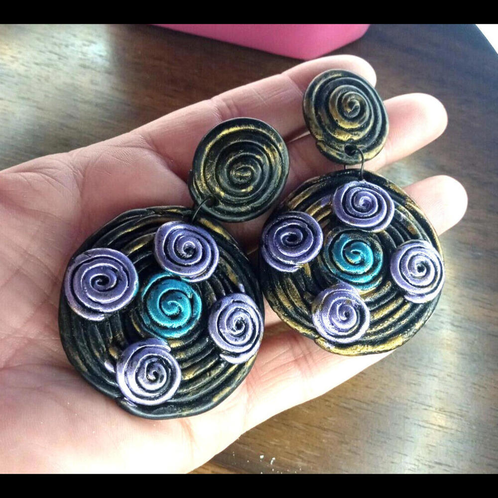 Vintage Black/Purple Clay Chunky Earrings.  Dangle Drop Post. Lightweight. Huge